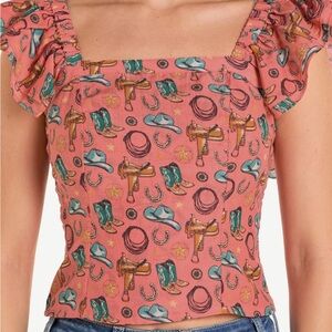 NWT Rock & Roll Denim WESTERN FLUTTER SLEEVE BLOUSE, Cowgirl, Horseshoe, Sz S